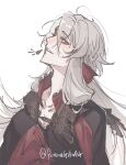 1boy androgynous ankou_(shuuen_no_virche) bishounen black_shirt bow braid crown_braid facing_to_the_side grey_hair hair_bow highres long_hair long_sleeves looking_at_viewer male_focus multicolored_shirt parted_lips red_bow red_eyes red_shirt rendong06 shirt shuuen_no_virche sketch smile solo teeth twitter_username white_background 