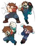  1boy absurdres blocking blue_eyes blue_overalls boots brown_hair clenched_hands denim facial_hair gloves highres hood hoodie kicking male_focus mario mustache overalls punching red_hoodie redlhzz running super_mario_bros. white_background white_gloves 