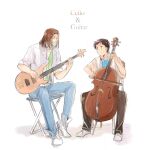  2boys aoba_shigeru brown_hair cello closed_mouth english_text full_body guitar holding holding_instrument ikari_shinji instrument medium_hair multiple_boys music neon_genesis_evangelion playing_instrument short_hair sitting smile zf 