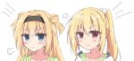  2girls =3 arihara_nanami black_hairband blonde_hair blue_eyes blush_stickers chitose_sana closed_mouth collarbone color_connection commentary company_connection crossover double-parted_bangs double_bun emphasis_lines eyelashes eyes_visible_through_hair hair_between_eyes hair_bun hair_color_connection hair_intakes hairband half_updo head_only igarashi_kenji imouto_day long_hair looking_at_viewer multiple_girls ponytail riddle_joker simple_background smile smug tenshinranman two_side_up v-shaped_eyebrows white_background yuzu-soft 