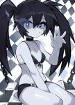  1girl absurdres belt_buckle between_legs bikini bikini_top_only black_choker black_hair black_rock_shooter black_rock_shooter_(character) black_shorts blue_eyes blue_fire buckle chain chessboard choker fire flaming_eye glowing glowing_eye grace_hosanna_marquez_carranco hair_between_eyes hand_between_legs hand_up highres long_hair looking_at_viewer pale_skin pointy_ears seiza shorts sitting solo stitches swimsuit twintails uneven_twintails 