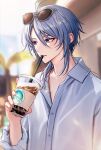  1boy alternate_costume bishounen blue_hair bubble_tea collared_shirt cup drinking_straw facing_to_the_side genshin_impact highres holding holding_cup kamisato_ayato light_blue_hair long_sleeves looking_down low_ponytail male_focus medium_hair mole mole_under_eye pponnya shirt smile solo sunglasses teeth violet_eyes white_shirt 