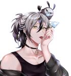  1boy :p absurdres alternate_costume animal_on_head bird bird_on_head bishounen black_choker brown_hair choker earrings eating father_(nu_carnival) food green_eyes grey_hair highres holding_ice_cream jewelry long_hair long_sleeves looking_at_viewer male_focus melting mole mole_under_mouth nu_carnival off_shoulder on_head owl pectorals popsicle rei_(nu_carnival) short_hair single_earring tongue tongue_out yadome810 