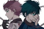  2boys ayami_chan_0122 black_gloves blue_eyes blue_hair blue_lock blue_shirt brothers chain closed_mouth collar gloves hand_on_own_face hand_up highres itoshi_rin itoshi_sae long_sleeves looking_away male_focus multiple_boys parted_lips portrait profile redhead shirt short_hair siblings white_background white_shirt 
