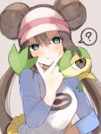  1girl :t ? black_pantyhose blush bright_pupils brown_hair commentary_request double_bun green_eyes hair_bun hand_on_own_chin hand_up long_hair looking_at_viewer pantyhose pokemon pokemon_(creature) pokemon_(game) pokemon_bw2 pokemon_on_back raglan_sleeves rosa_(pokemon) shirt shorts snivy spoken_question_mark stroking_own_chin twintails ume_(ume_445) visor_cap yellow_shorts 