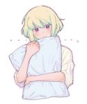  ... 1boy androgynous blush closed_mouth green_hair hair_between_eyes highres kome_1022 lio_fotia looking_at_viewer male_focus object_hug pillow pillow_hug pink_eyes promare shirt short_hair short_sleeves simple_background solo upper_body white_background white_shirt 