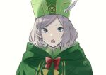  1boy a2ki_xxx androgynous blue_eyes cloak green_cloak green_headwear grey_hair highres long_hair looking_at_viewer male_focus open_mouth otto_suewen re:zero_kara_hajimeru_isekai_seikatsu 