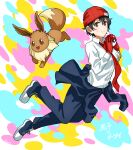  1girl black_hair black_pants brown_eyes eevee gloves highres holding holding_poke_ball izumo_fuuko jacket jacket_removed long_sleeves necktie pants pocket poke_ball pokemon pokemon_(creature) pokemon_(game) red_gloves red_headwear red_necktie shirt shishiruto short_hair skullcap smile solo undead_unluck white_shirt 