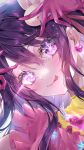  1girl blush close-up dutch_angle earrings eyes_visible_through_hair gloves hair_ornament heart heart_earrings highres hoshino_ai&#039;s_pose hoshino_ai_(oshi_no_ko) jewelry kaidayo looking_at_viewer oshi_no_ko pink_gloves purple_hair rabbit_hair_ornament smile solo star-shaped_pupils star_(symbol) symbol-shaped_pupils tongue tongue_out violet_eyes 