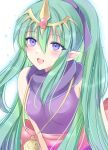  1girl bare_shoulders blue_eyes breasts dress fire_emblem fire_emblem:_mystery_of_the_emblem fire_emblem_engage green_hair hair_ribbon highres kirishima_riona long_hair open_mouth pointy_ears ponytail purple_dress purple_ribbon ribbon small_breasts smile solo tiara tiki_(fire_emblem) tiki_(young)_(fire_emblem) very_long_hair 