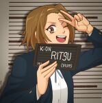  1girl ;d absurdres barbie_(live_action) barbie_mugshot_(meme) blazer blue_jacket blue_ribbon brown_eyes brown_hair character_name collared_shirt commentary copyright_name forehead hairband highres holding holding_sign jacket k-on! long_sleeves looking_at_viewer meme mugshot neck_ribbon one_eye_closed open_mouth ribbon sakuragaoka_high_school_uniform school_uniform shirt short_hair sign smile solo tainaka_ritsu teeth upper_body upper_teeth_only v white_shirt winter_uniform yellow_hairband yellow_nicky 
