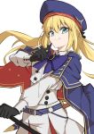  1girl artoria_caster_(fate) artoria_caster_(second_ascension)_(fate) artoria_pendragon_(fate) beret black_gloves blonde_hair blue_bow bow cape dress fate/grand_order fate_(series) gloves green_eyes hamao_1 hat highres holding holding_staff long_hair short_sword staff sword twintails weapon white_background white_dress 