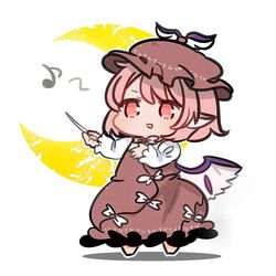  1girl animal_ears barefoot bird_ears bird_wings brown_dress brown_headwear chibi crescent_moon dress eighth_note full_body hat holding kurotaro long_sleeves moon musical_note mystia_lorelei open_mouth pink_eyes pink_hair shirt short_hair simple_background solo standing touhou white_background white_shirt white_wings winged_hat wings 