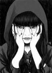  1girl archived_source blunt_bangs body_writing expressionless greyscale hands_on_own_face highres hood hood_up hoodie key_(kagibangou) long_hair looking_at_viewer looking_through_fingers monochrome original simple_background solo straight-on upper_body 