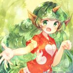  1girl album_cover animal_ears aqua_hair buttons check_commentary cloud_print collared_shirt commentary commentary_request cover curly_hair fang forest green_eyes heart horns kariyushi_shirt komano_aunn long_hair midriff nature official_art open_mouth outstretched_arm paw_pose pointy_ears reaching reaching_towards_viewer red_shirt sally_(pacch0614) shirt shorts single_horn smile tail touhou touhou_cannonball white_shorts 
