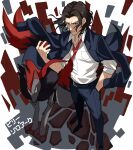  1boy belt billy_alfred black_pants blue_eyes brown_hair facial_hair full_body hand_in_pocket highres holding holding_poke_ball jacket jacket_on_shoulders looking_at_viewer necktie pants poke_ball pokemon pokemon_(creature) red_necktie shirt shishiruto sleeves_rolled_up solo standing stubble undead_unluck white_shirt zoroark 