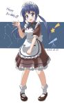  1girl 2023 absurdres alternate_costume apron birthday blonde_hair blue_eyes blush bow constellation dated dot_nose eabo19tw english_text happy_birthday highres koisuru_asteroid long_hair looking_at_viewer maid maid_apron maid_headdress manaka_ao open_mouth shoes simple_background socks solo standing star_(symbol) telescope waving white_background 