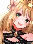  1girl :d bare_shoulders blonde_hair butterfly_hair_ornament celine_(fire_emblem) close-up crown fire_emblem fire_emblem_engage green_eyes hair_ornament head_tilt long_hair looking_at_viewer mesay1096 open_mouth smile solo teeth upper_body upper_teeth_only white_background 