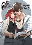  1boy 1girl abs book breasts brown_hair couple glasses green_eyes guilty_gear guilty_gear_strive highres hug husband_and_wife jack-o&#039;_valentine jewelry kusu_(moo1225) lab_coat looking_at_viewer necklace redhead 