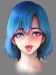  1girl absurdres blue_eyes blue_hair commentary english_commentary grey_background heterochromia highres looking_at_viewer nuevii portrait red_eyes short_hair signature simple_background solo tatara_kogasa tongue tongue_out touhou 