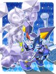  1girl blue_eyes commentary_request diamond_ice_(mega_man) glowing hammer holding holding_hammer ice_sculpture looking_at_viewer mega_man_(series) mega_man_star_force mega_man_star_force_3 napo one_eye_closed redhead solo thumbs_up 