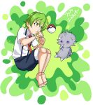  1boy abstract_background barefoot black_shorts clenched_hand doll_joints espurr green_background green_eyes green_hair highres joints necktie phil_(undead_unluck) pokemon red_necktie shishiruto short_hair short_sleeves shorts sitting solo suspenders thumb_sucking undead_unluck violet_eyes 