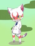  1boy angry animal_crossing blue_necktie blue_pupils cat_boy collared_shirt formal full_body furry furry_male green_background hands_in_pockets kabuki_(animal_crossing) male_focus mitsumame-net necktie no_nose shirt solo standing suit white_fur white_shirt white_suit 