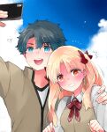  1boy 1girl :d azumi_(myameco) black_hair blonde_hair blue_eyes blue_sky cellphone clouds day earrings ereshkigal_(fate) fate/grand_order fate_(series) fujimaru_ritsuka_(male) hair_ribbon hand_on_another&#039;s_shoulder holding holding_phone jewelry long_hair open_mouth outdoors phone red_ribbon ribbon school_uniform selfie short_hair sky smile 