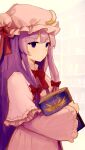  1girl book braid commentary crescent crescent_hat_ornament hat hat_ornament highres holding holding_book irumina777 long_hair mob_cap patchouli_knowledge purple_hair solo touhou twin_braids violet_eyes white_background 