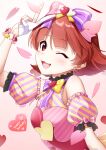  1girl :3 ;d absurdres arm_up bare_shoulders blush bow bowtie bracelet brown_eyes brown_hair detached_sleeves dress earrings falling frilled_sleeves frills from_side gloves hair_ornament half_gloves happy_birthday heart heart_earrings heart_hair_ornament highres idolmaster idolmaster_million_live! idolmaster_million_live!_theater_days jewelry looking_at_viewer mikapoe multicolored_bowtie multicolored_ribbon multicolored_sleeves nonohara_akane one_eye_closed open_mouth partially_fingerless_gloves pink_nails pink_ribbon polka_dot_bowtie ribbon short_hair sleeveless sleeveless_dress smile solo striped striped_bow striped_bowtie striped_dress striped_sleeves v white_gloves 