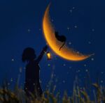  1girl arm_up blurry blurry_foreground cat cowboy_shot crescent_moon forced_perspective from_side grass highres holding holding_lantern lantern light_particles looking_up moon nature night night_sky orange_moon original scenery short_hair silhouette sky skyrick9413 solo star_(sky) 