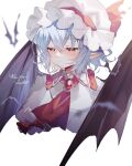  1girl ascot bat_(animal) bat_wings blue_hair blush character_name closed_mouth commentary_request cropped_torso hat hat_ribbon highres mob_cap pointy_ears red_ascot red_eyes red_ribbon remilia_scarlet ribbon short_hair simple_background sorani_(kaeru0768) touhou upper_body white_background white_headwear wings 