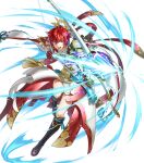  1girl arm_guards armor arrow_(projectile) boots bow_(weapon) cape circlet energy_arrow fire_emblem fire_emblem_fates fire_emblem_heroes fujin_yumi_(fire_emblem) full_body gloves gold_trim highres hinoka_(fire_emblem) japanese_clothes jewelry katana kita_senri knee_boots leg_up long_sleeves non-web_source official_art open_mouth pelvic_curtain raijinto_(fire_emblem) red_eyes redhead sheath sheathed short_hair solo sword thighs transparent_background weapon 