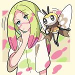  1girl blonde_hair bright_pupils closed_mouth commentary_request green_eyes half-closed_eyes hand_on_own_chin hand_up head_tilt highres long_hair mina_(pokemon) multicolored_hair off_shoulder pink_hair pokemon pokemon_(creature) pokemon_(game) pokemon_sm ribombee shirt sidelocks stroking_own_chin sutokame white_pupils 