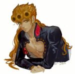  1boy black_jacket blonde_hair blue_eyes cleavage_cutout closed_mouth clothing_cutout collarbone collared_jacket curly_hair ear_piercing giorno_giovanna highres jacket jojo_no_kimyou_na_bouken long_hair long_sleeves looking_at_viewer male_focus on0n pectorals piercing simple_background solo upper_body vento_aureo white_background 