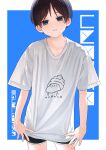  1boy absurdres bad_arm bishounen black_hair black_shorts blue_background blue_eyes highres male_focus original shirt short_hair short_sleeves shorts solo t-shirt teeth white_background white_shirt yamaoka_(gonda_reu) 