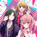  3girls 4b-enpitsu :d abstract_background black_vest blonde_hair blue_jacket blush bow bowtie buttons closed_mouth collared_shirt commentary_request green_eyes green_hair hair_between_eyes hair_ornament hair_twirling hairclip hand_up highres hoshino_ruby jacket kotobuki_minami long_hair long_sleeves looking_at_viewer medium_hair mismatched_pupils mole mole_under_eye mole_under_mouth multiple_girls one_side_up open_hands open_mouth oshi_no_ko parted_bangs partial_commentary pink_bow pink_bowtie pink_eyes pink_hair school_uniform shiranui_frill shirt sidelocks signature smile star-shaped_pupils star_(symbol) steepled_fingers symbol-shaped_pupils teeth upper_body upper_teeth_only vest white_shirt youtou_high_school_uniform 