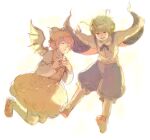  2girls animal_ears antennae bird_ears bird_wings black_cape black_shorts brown_dress brown_headwear cape collared_shirt dress fingernails green_eyes green_hair hat long_fingernails long_sleeves multiple_girls mystia_lorelei pink_hair red_footwear sharp_fingernails shirt shoes short_hair shorts sleeve_garter tainii touhou white_shirt white_wings winged_hat wings wriggle_nightbug 