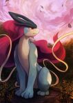  blue_fur clouds creature deviantart_username flower frown haychel highres leaf long_hair no_humans pink_hair pink_sky pokemon pokemon_(creature) red_eyes signature sitting sky solo suicune web_address yellow_flower 