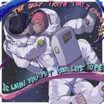  2girls absurdres antenna_hair astronaut black_hair closed_eyes commentary croccy_avalon diforland english_text eucary_eureka grin hair_over_eyes highres lyrics multiple_girls original puckered_lips redhead smile space space_helmet spacesuit yuri 