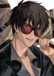  1boy beard black_eyes black_hair black_jacket candy collared_shirt cross facial_hair food grey_shirt hand_up highres jacket lollipop looking_at_viewer male_focus mouth_hold nicholas_d._wolfwood open_mouth shirt short_hair simple_background solo sunglasses trigun trigun_stampede tte_(t_ombi) upper_body white_background 
