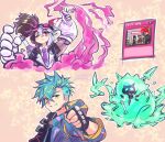  1boy 1girl 1other 250en_remon arm_up blue_hair brown_hair duel_monster fingerless_gloves gloves goggles goggles_on_head hand_up holding holding_test_tube long_hair long_sleeves multicolored_hair one_eye_closed short_hair smile split-color_hair test_tube there_can_be_only_one twintails vanquish_soul_dr._mad_love vanquish_soul_pluton_hg vanquish_soul_razen violet_eyes white_hair yellow_eyes yu-gi-oh! 