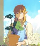  1boy apron blonde_hair blue_apron blue_eyes blue_sky closed_mouth clouds cloudy_sky collared_shirt day eorinamo hair_between_eyes highres holding holding_plant leaf link long_sleeves looking_to_the_side male_focus outdoors plant pointy_ears potted_plant puffy_long_sleeves puffy_sleeves shadow shirt short_hair sky smile solo the_legend_of_zelda white_shirt 