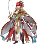  1girl arm_guards armor boots bow_(weapon) cape circlet closed_mouth fire_emblem fire_emblem_fates fire_emblem_heroes fujin_yumi_(fire_emblem) full_body gloves gold_trim hand_on_own_hip highres hinoka_(fire_emblem) japanese_clothes jewelry katana kita_senri knee_boots long_sleeves looking_at_viewer non-web_source official_art pelvic_curtain raijinto_(fire_emblem) red_eyes redhead serious sheath sheathed short_hair solo standing sword transparent_background weapon 