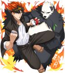  1boy black_jacket black_pants brass_knuckles clenched_hand enjin_(undead_unluck) fire geta highres holding holding_poke_ball jacket mouth_hold pangoro pants poke_ball pokemon red_eyes redhead shirt shishiruto short_sleeves sideburns undead_unluck weapon white_shirt 