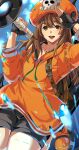  1girl anchor artist_request bag brown_hair dolphin fingerless_gloves gloves guilty_gear guilty_gear_strive hat highres holding holding_anchor hood hoodie long_hair may_(guilty_gear) orange_eyes orange_headwear orange_hoodie orange_shirt pirate_hat salute shirt skull_and_crossbones solo 