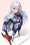  1girl a_(xenoblade) absurdres armored_bodysuit blue_eyes cape closed_mouth earrings evan_(pixiv7510743) full_body grey_cape grey_hair hair_intakes hand_on_own_hip highres holding holding_sword holding_weapon jewelry long_hair looking_at_viewer monado pants shadow simple_background single_earring solo standing sword tight_clothes tight_pants weapon xenoblade_chronicles_(series) xenoblade_chronicles_3 xenoblade_chronicles_3:_future_redeemed 