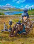  1girl blue_hair blue_sky blush boots brown_footwear clouds cloudy_sky coat coffee_maker_(object) cup day fingerless_gloves full_body gloves grass hair_bun highres holding holding_cup knee_boots long_sleeves medium_hair mountain nature nose_blush outdoors scenery shima_rin sidelocks signature single_hair_bun sitting sky solo tafuto traditional_media tree violet_eyes yurucamp 