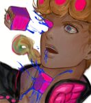  1boy black_jacket blonde_hair blue_eyes braid braided_ponytail collared_jacket cube curly_hair ear_piercing giorno_giovanna highres jacket jojo_no_kimyou_na_bouken long_hair looking_away male_focus on0n open_mouth piercing portrait simple_background solo vento_aureo white_background 