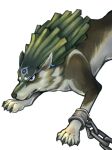  animal animal_focus ankle_cuffs blue_eyes chain chained claws colt_arami earrings grey_fur grimace highres jewelry link no_humans simple_background single_earring solo teeth the_legend_of_zelda the_legend_of_zelda:_twilight_princess white_background wolf wolf_link 